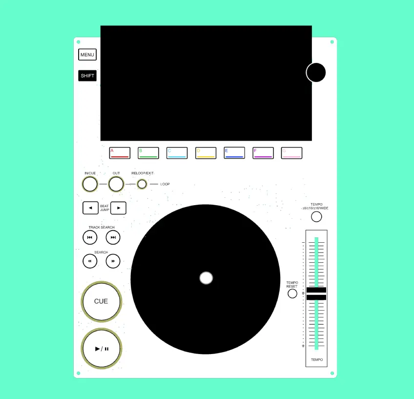 Top-plate layout drawing showing the jog wheel, seven colour-coded hot cues, tempo fader and transport controls.