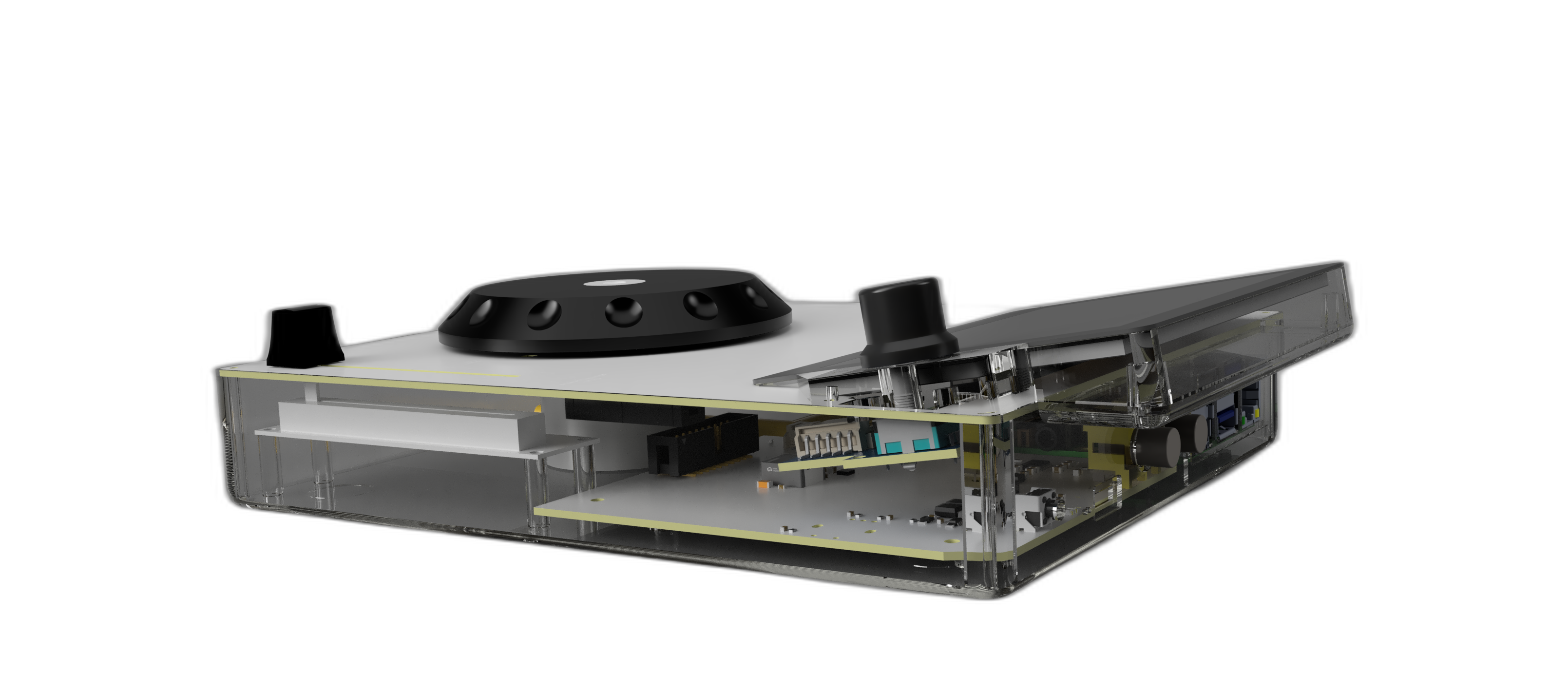 The Open CDJ opened up — the layered top plate, jog wheel and internal boards inside the transparent enclosure.