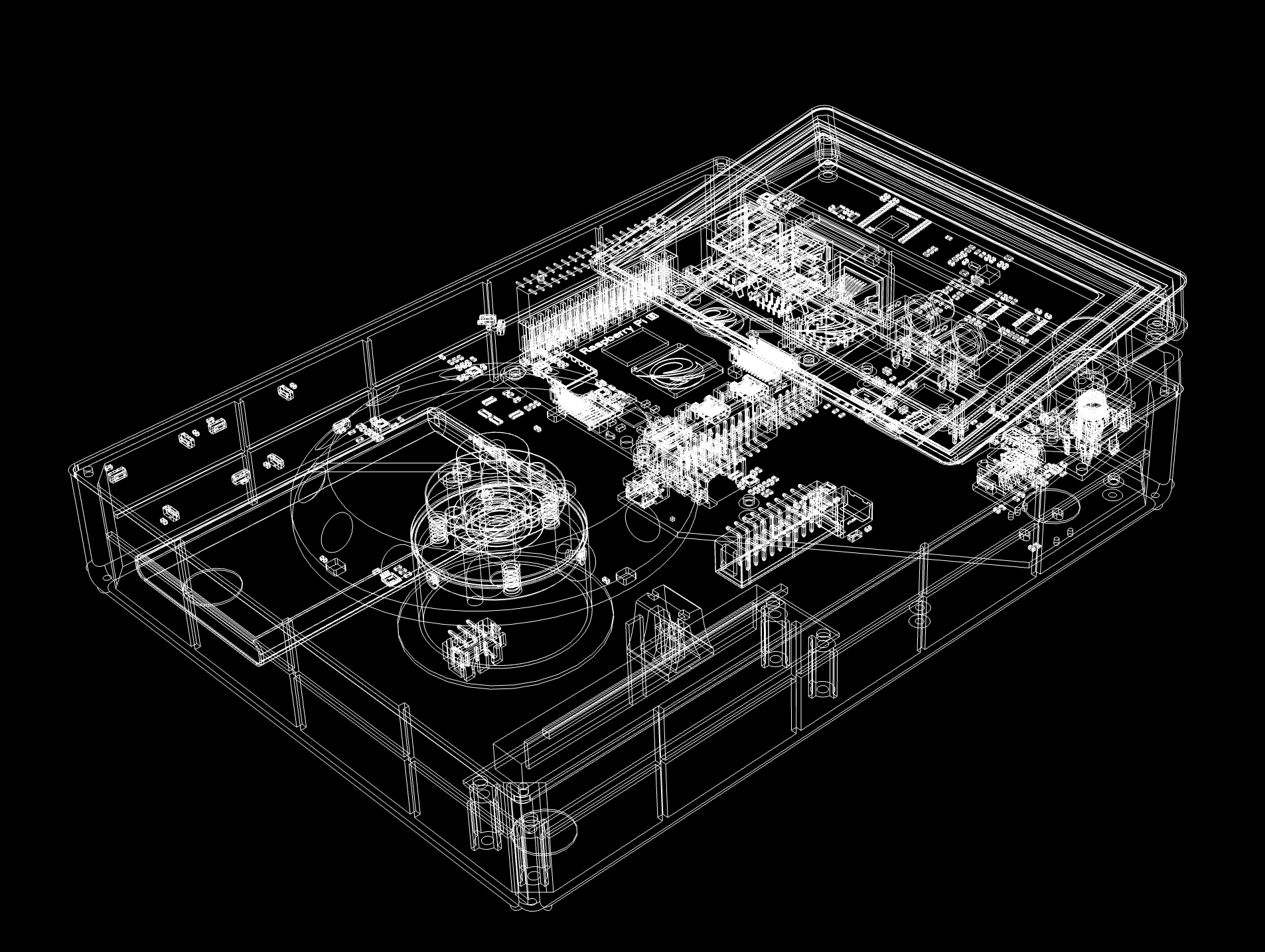 X-ray wireframe render of the full mechanical assembly.